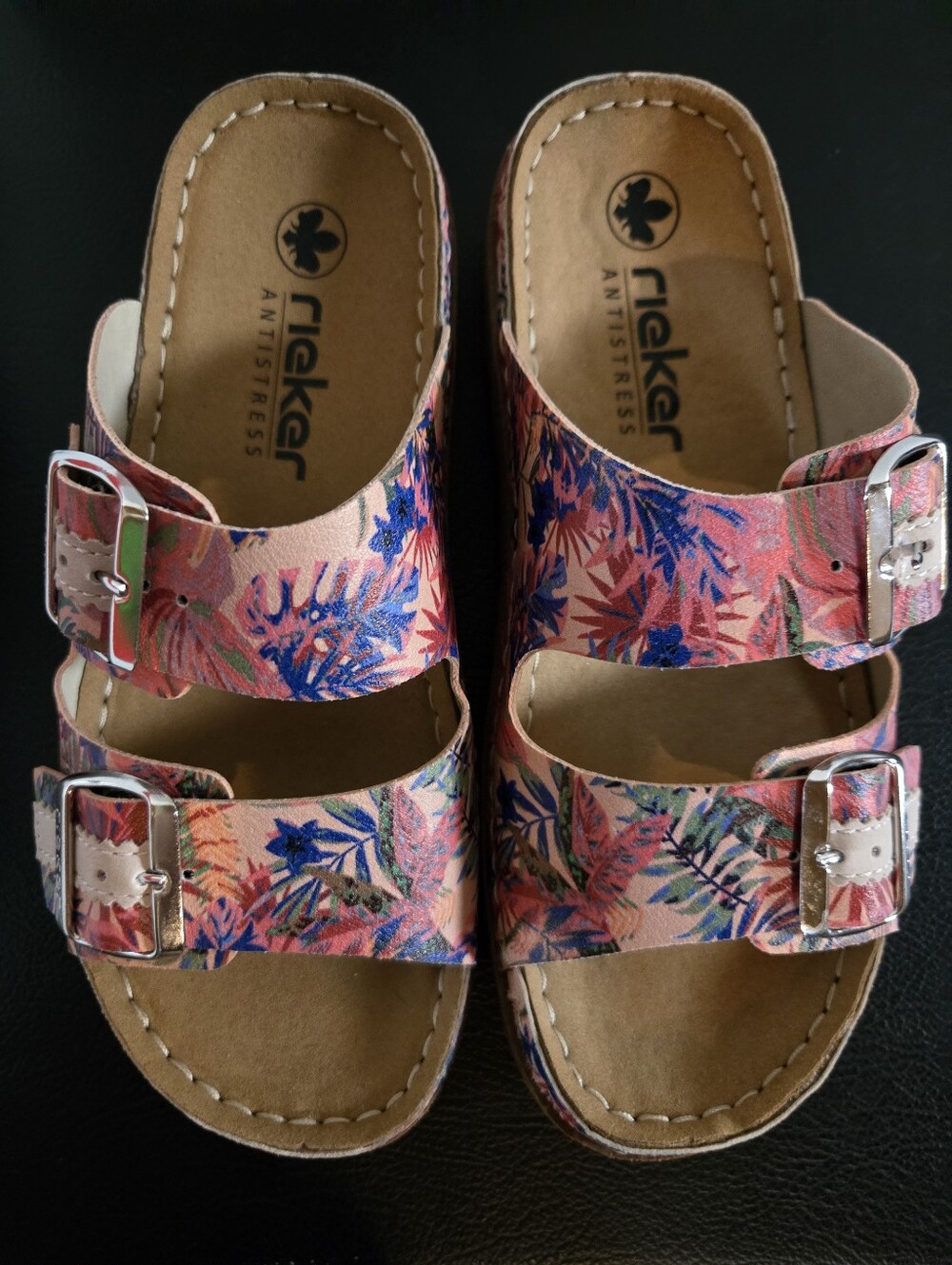 Rieker Pink Floral Double-Buckle Slide Sandals